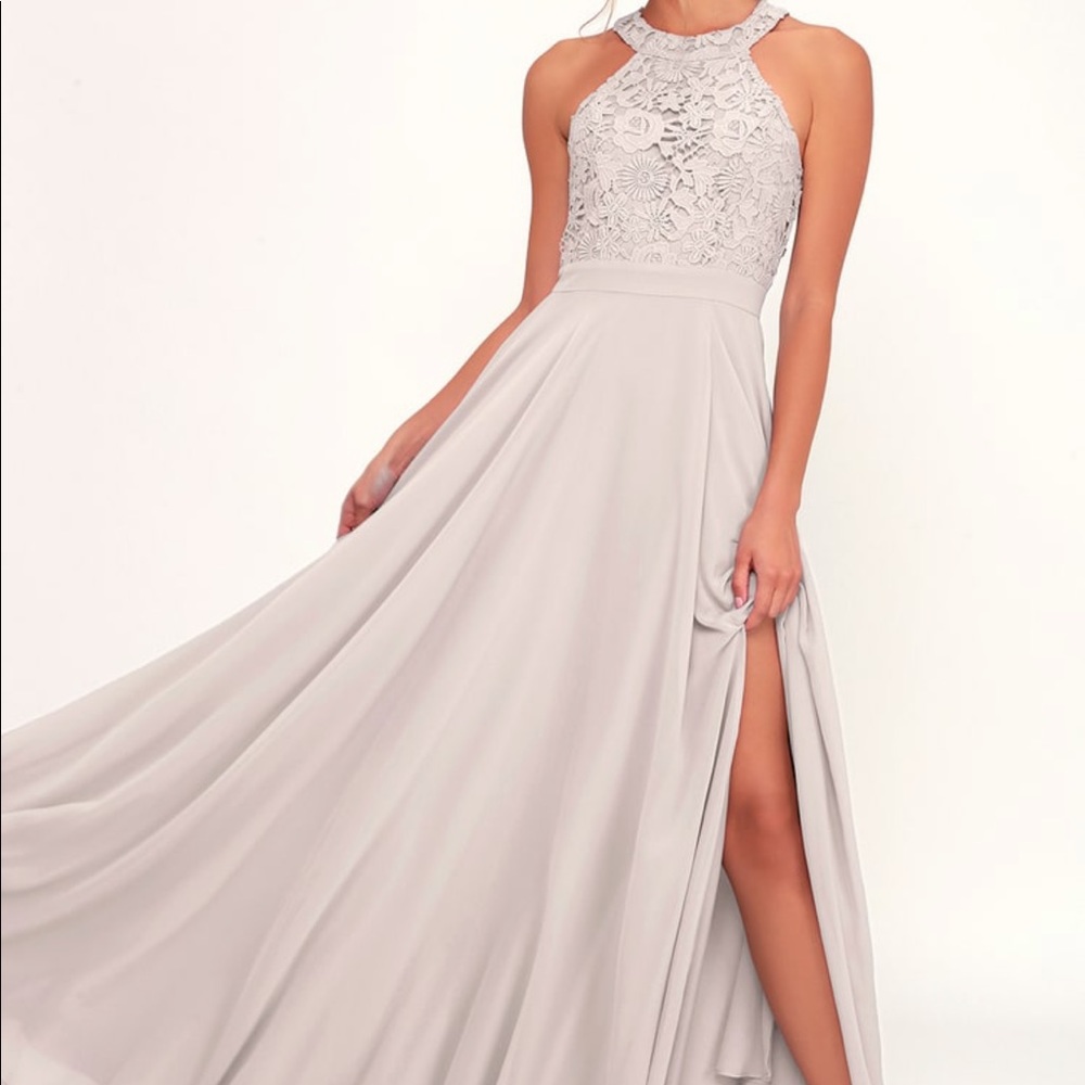 Lulus Light Grey Lace Maxi Dress, Size S